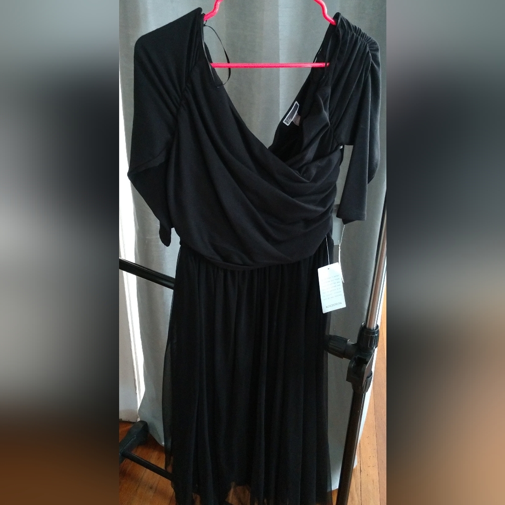 Black cotton and mesh neck dress